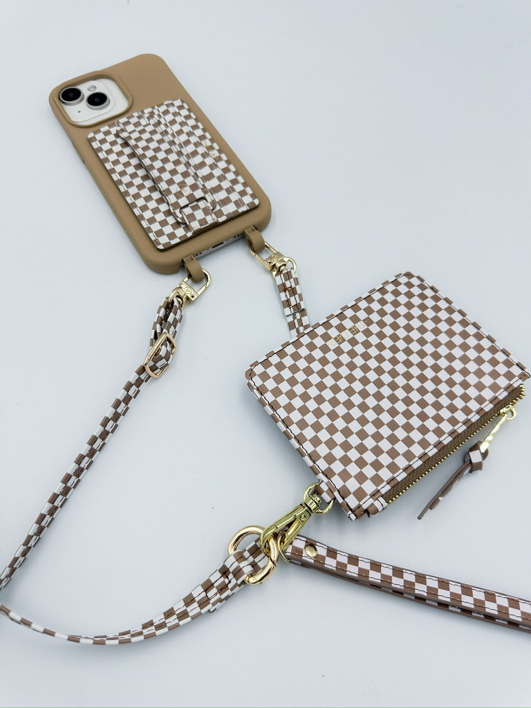 Tan Checkered Snap/Wrist Wallet